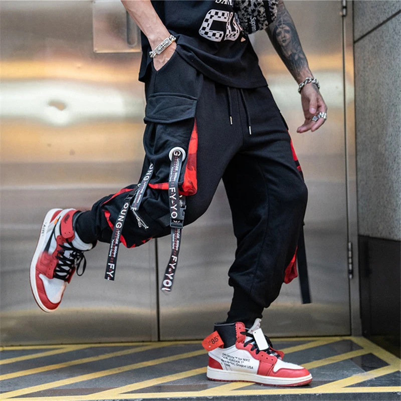 Накладные карманы шаровары мужские беговые брюки в повседневном стиле широкие в стиле милитари брюки ленты Harajuku уличная хип хоп Модные мужские штаны-шаровары