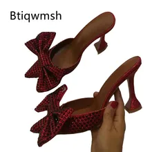 Босоножки со стразами; женская обувь на необычном высоком каблуке с острым носком и бантиком-бабочкой; женская пикантная обувь для вечеринок