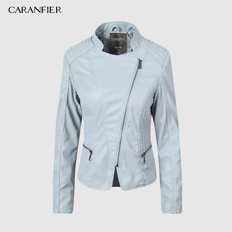 

CARANFIER Women's Leather Jacket Motorcycle Autumn Long Sleeve Zipper Faux Leather Jackets 6 Color Ladies Female Coats Outerwear