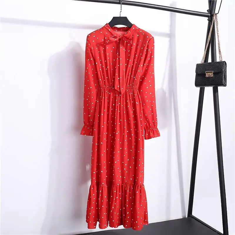 Корейское осеннее платье, женское шифоновое винтажное однотонное миди повседневное Цветочное платье с длинным рукавом, Офисная Женская рубашка в горошек для дам, Vestidos - Цвет: D22