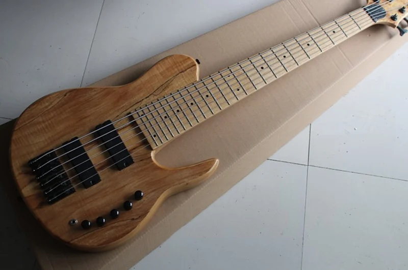 На заказ 6 струн электрическая бас гитара, корпус из древесины ясеня с spalted кленовый шпон, string расстояние 19 мм, комплектующие черного цвета