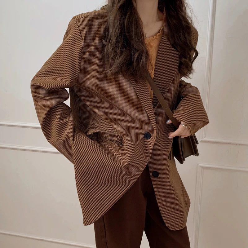 Women Spring Autumn Small Plaid Loose Blazer Coat Jacket Button Up Outerwear Cardigan with Pockets |