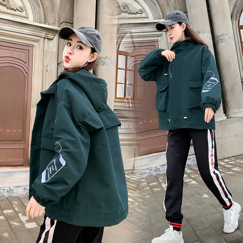 

2019 Spring And Autumn New Style WOMEN'S Coat College Style Hooded Tooling Jacket Loose-Fit Harajuku Baseball Uniform Dark Green
