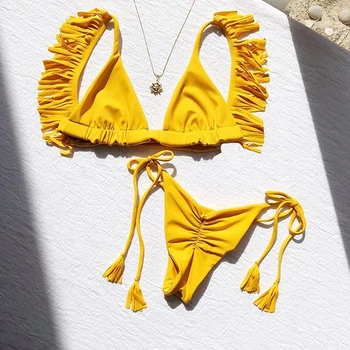 

IMANFive Sexy Women Yellow String Push Up Bikini 2019 New Arrival Swimwear Women Swimsuit Tassels Low Waist Brazilian Biquini
