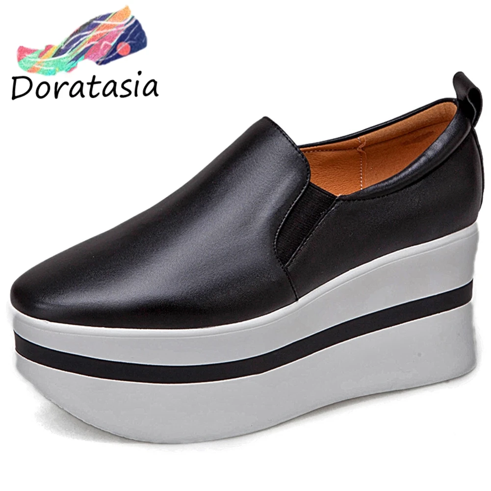 DORATASIA New Concise mixed-color Genuine Leather Loafers Women Autumn High Platform Shoes Woman Flats Girl High Shoes - Цвет: Черный