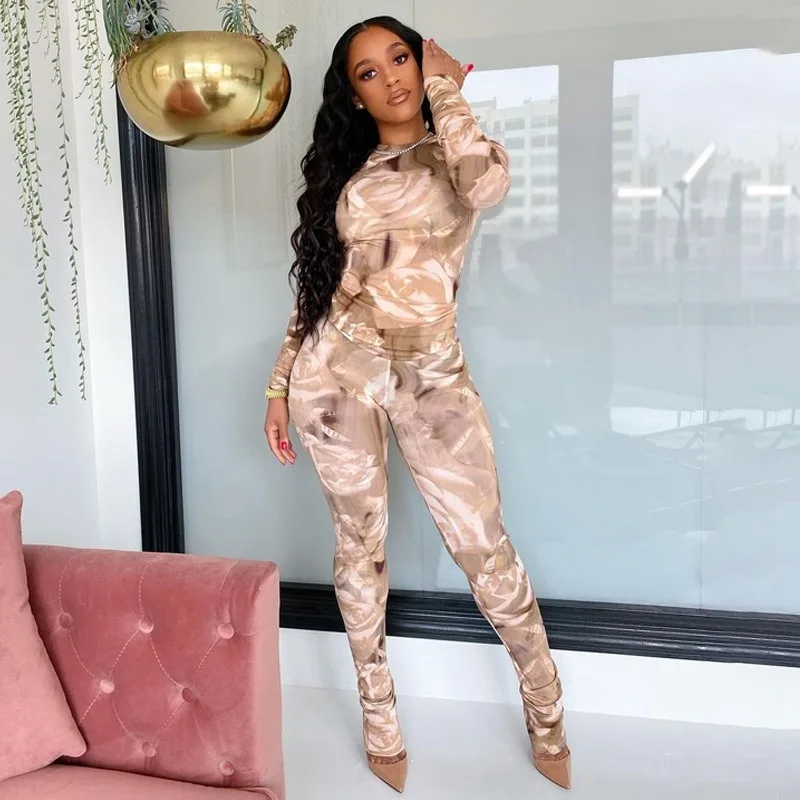 

Casual Print Streetwear 2 Piece Set Women Outfits Slim Lounge wear Shirt Top + Leggings Bodycon Night Club Party Two Piece Set