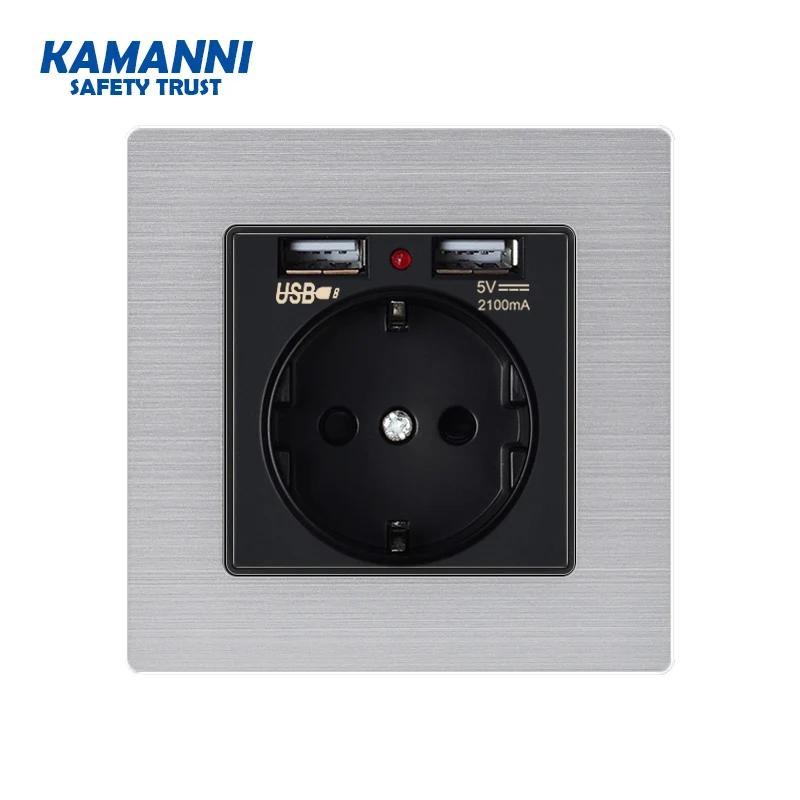 KAMANNI wall-mounted stainless steel panel electronic socket EU standard power socket with dual home USB plug charger