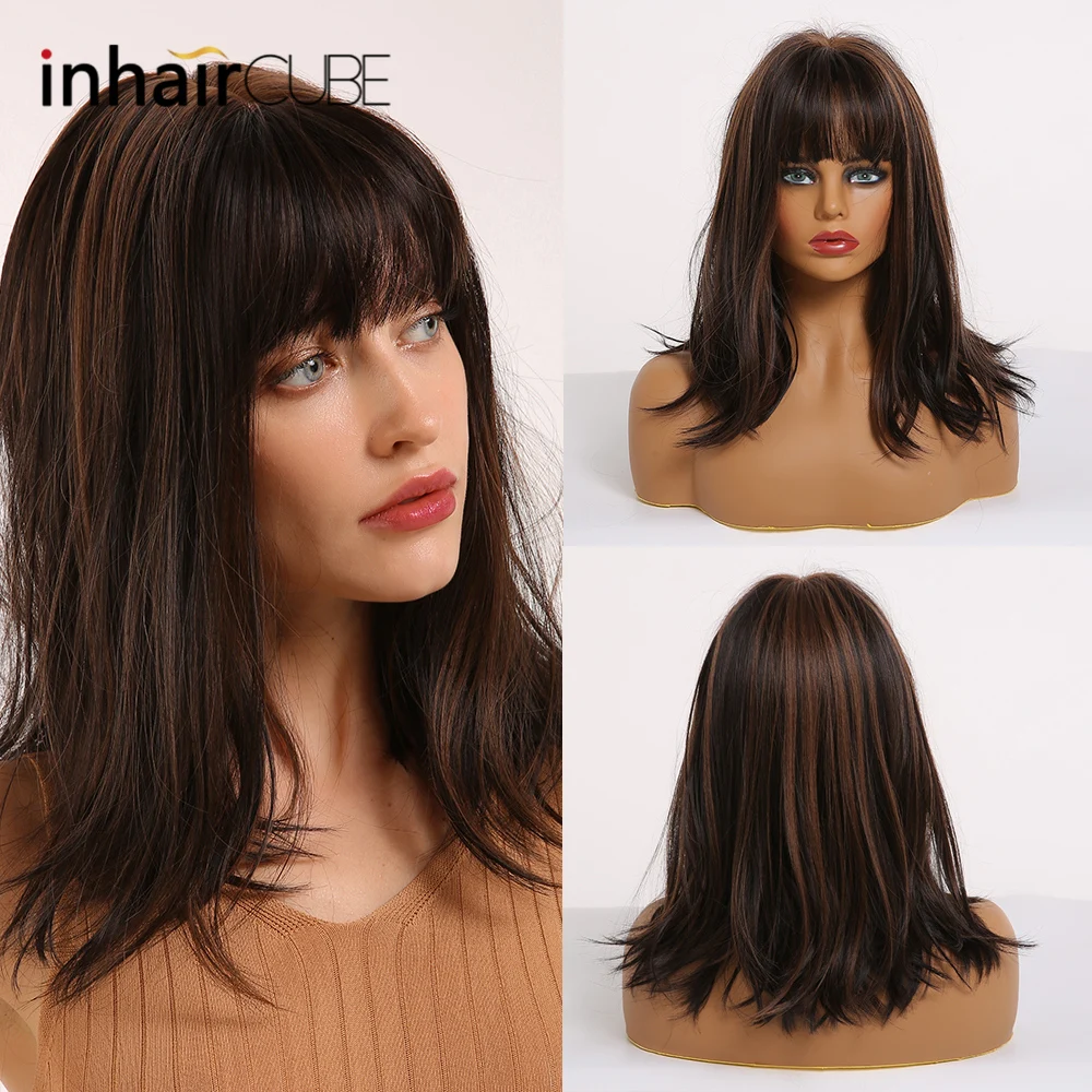 

Inhaircube Long Straight Black Ombre Brown Synthetic Wigs For Black Women Heat Resistant Hair With Bangs Free Gifts