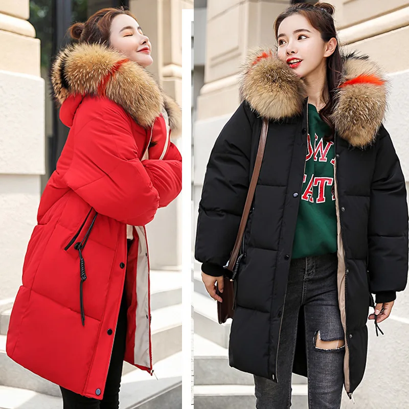 

2019 Autumn And Winter New Style Korean-style Large Fur Collar Hooded Thick Mid-length Fashion down Jacket Women Coat
