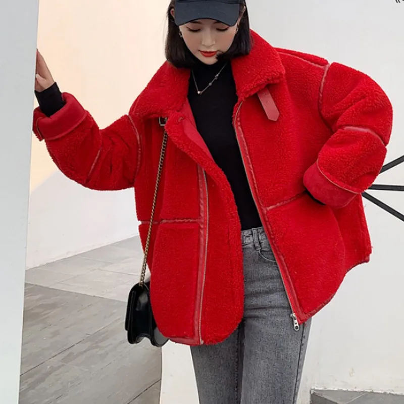 Зимняя женская куртка из шерсти ягнёнка, кашемир локомотив пальто Женская плотная куртка женская модная уличная осенняя куртка для женщин - Цвет: Красный