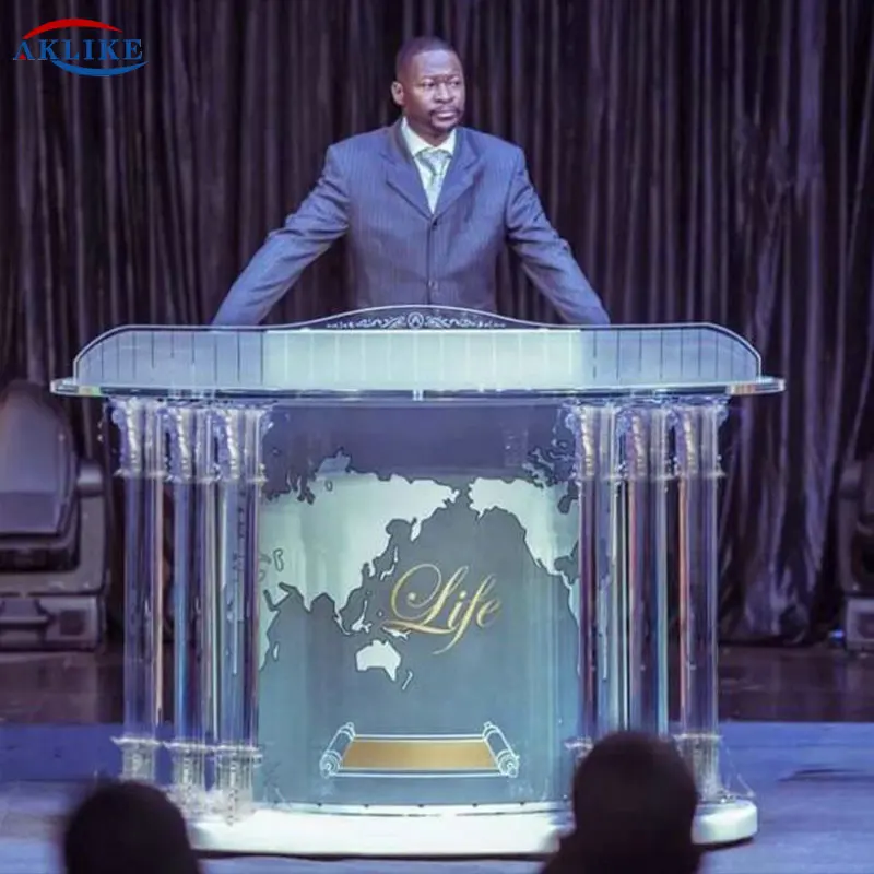 Plexiglass Podium Religious Ceremony Rostrum Modern Church Pulpit AKLIKE Commercial Furniture Acrylic Table Light Podium