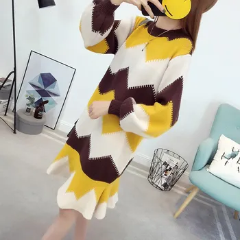 

Fashion Women Knitting Long Sleeve Geometric Dress Autumn Vintage Midi Sweater Dress Cascading Ruffle Loose Knitted Dresses