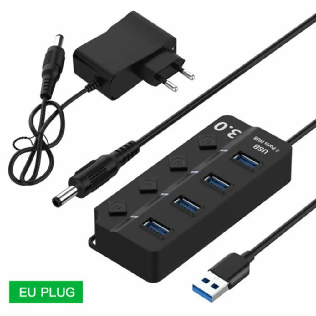 

4 Port Usb 3.0 Hub 5Gbps High Speed On/Off Switches Ac Power Adapter For Pc Durable Multi Ports Switches