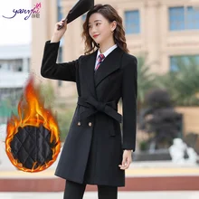 Зимнее длинное пальто с бантом и поясом женский деловой плащ офисный официальный для женщин пальто черный синий осень женские шерстяные толстые пальто