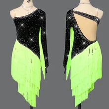 Cheap Latin Dance Dress New Fluorescent Green Tassels Autumn Dress Women Dance Competition Costume Rhinestones Dresses Cheap Latin Dance Dress New Fluorescent Green Tassels Autumn Dress Women Dance Competition Costume Rhinestones Dresses