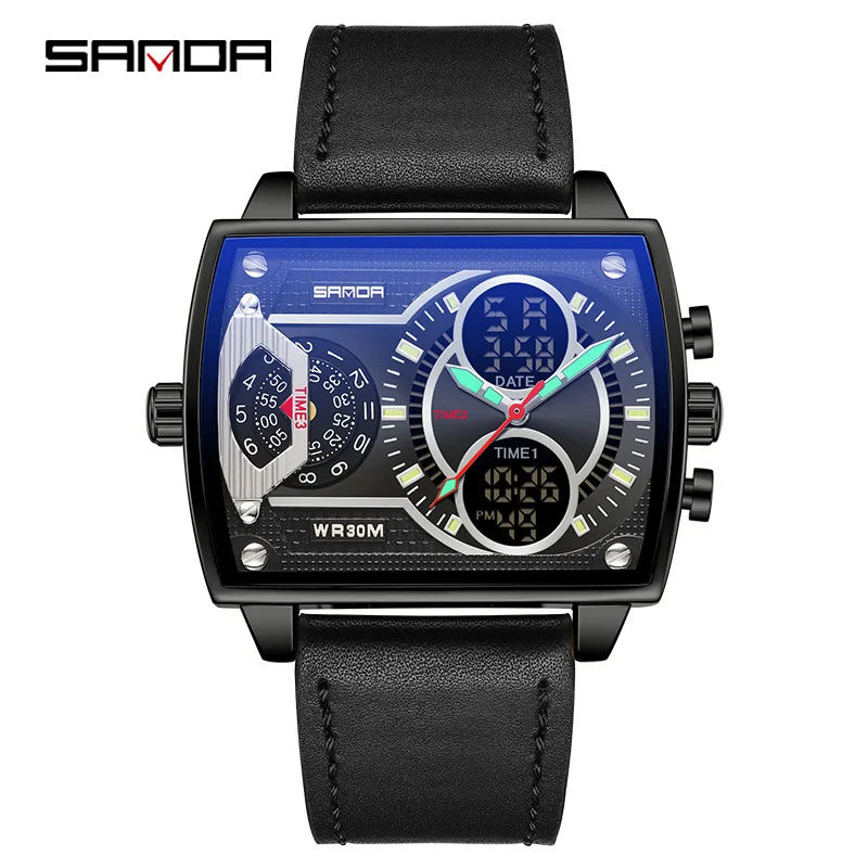 SANDA brand new square watch Fashion sports multifunctional men's electronic watch Glow-in-the-dark waterproof alarm