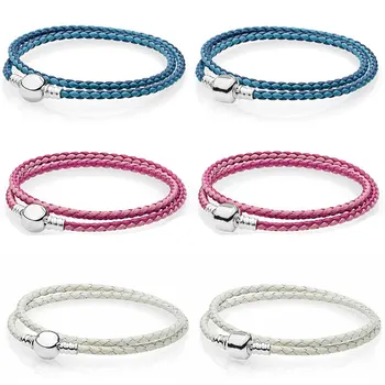 

Blue & Pink Mix MOMENTS Double Woven Leather Bracelet Fit Pandora Snake Chain Bracelet Bangle 925 Sterling Silver Bead Charms