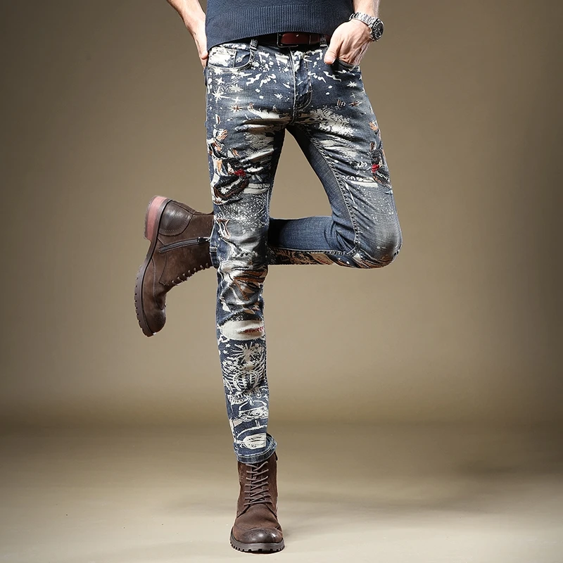 male Autumn jeans slim stretch hip hop 