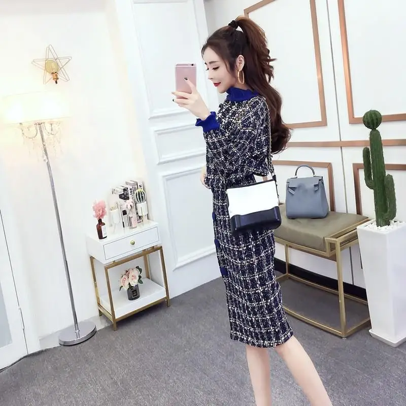 

Autumn Winter Women Tweed Two Pieces Sets Woolen Tops Skirts Suits Ruffles Jumpers Skirt Sets Elegant Plaid 2 Pieces Sets