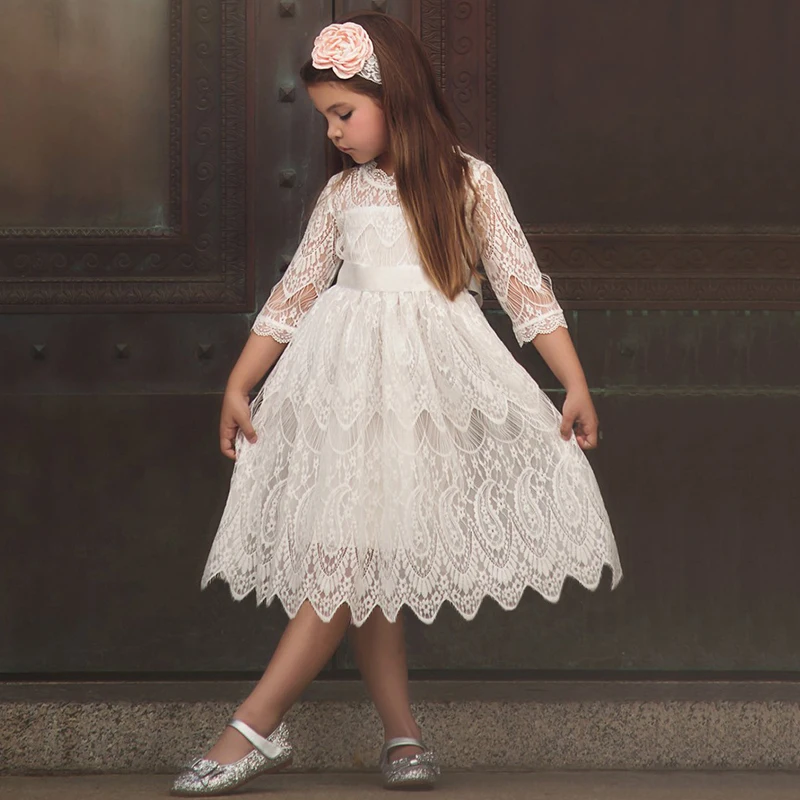 Рождественские детские платья для девочек, кружевное платье принцессы с вышитыми цветами Вечерние платья на год для девочек, одежда для детей размер 3, 5, 8 лет - Цвет: White