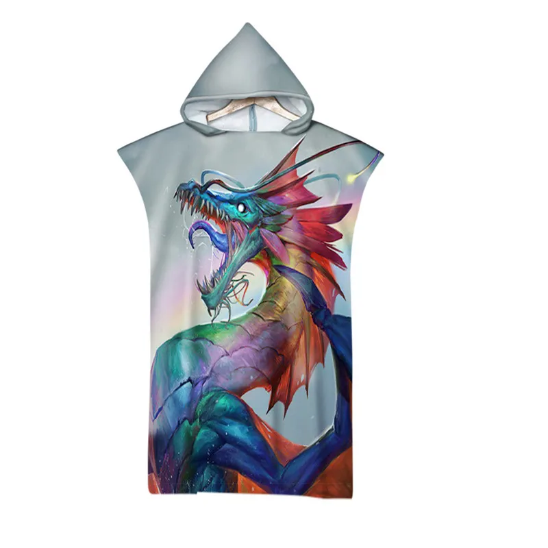 Microfiber Hood Beach Towel Swimsuit Dragon Printed Changing Robe Absorbent Surf Poncho Hooded Bath Towels for Adult Beachwear