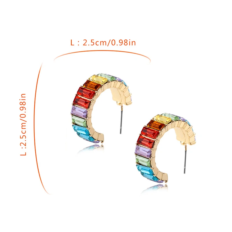 Multicolor C-Shape Temperament Crystal Drop Earrings For Women Unique Rainbow Earrings Clip on Earrings Elegant Ear Cuff Jewelry
