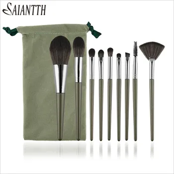 

SAIANTTH 9pcs Dark Night Green Makeup Brushes Set Fan Blush Loose Powder Eye Shadow Eyebrow Lip Brush Eyelash Kit Full Cosmetic