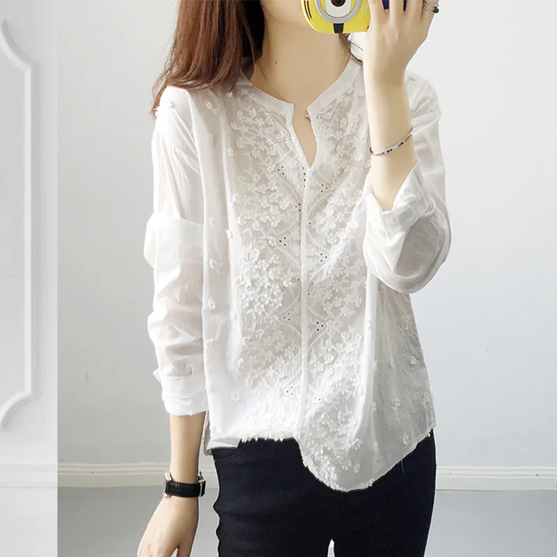 

2020 Spring WOMEN'S Dress,V-neck Long Sleeve Embroidered Stereo Floral Print Loose-Fit Pullover White Shirt
