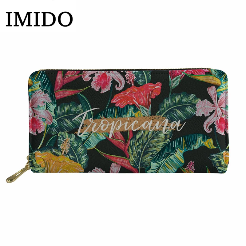 

IMIDO Women Long Leather Wallet Hawaii Tropical Flower Palm Leaves Porte Feuille Femme Korean Wallet Ladies Purses And Wallets