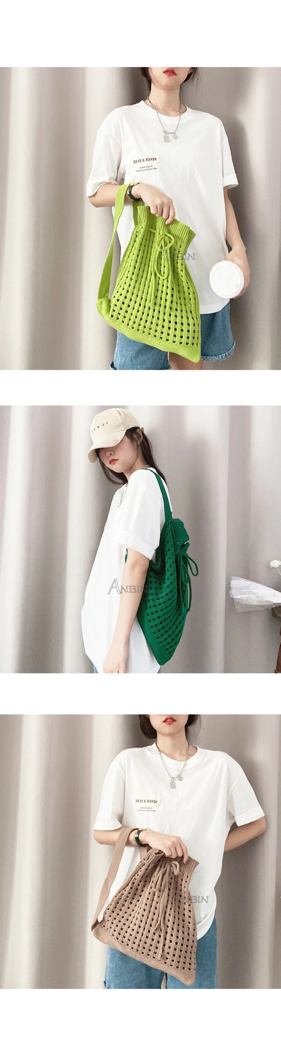 Women's Shoulder Bag Korean Fashion Wool Knitted Woolen Drawstring Mouth Shopping Hollow Out Bucket Bags Casual Female Handbag