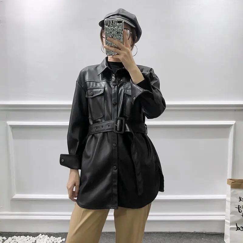 

Sexy Winter Belt Faux Leather Jacket Women PU Biker Jacket Streetwear Punk Belt Motorcycle Coat Ladies Black Leather Jacket