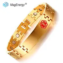 Медицинские браслеты с символом MagEnery, золотой браслет из нержавеющей стали, 3000 Gauss, браслеты с магнитной терапией для запястного туннеля