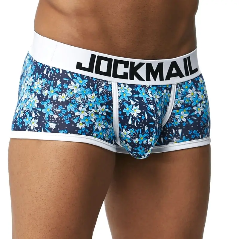 Бренд JOCKMAIL, мужские боксеры, хлопковое сексуальное мужское нижнее белье, боксеры с u-образной выпуклой сумкой, трусы с принтом листьев, Сетчатое дышащее нижнее белье для геев - Цвет: JM432-Blue