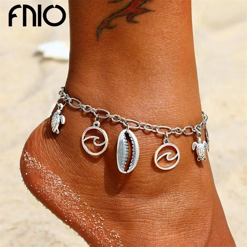 

FNIO Boho Wave turtle anklets for women chain Shell pendant ankle bracelet on the leg Retro foot ocean jewelry 2018 wholesale