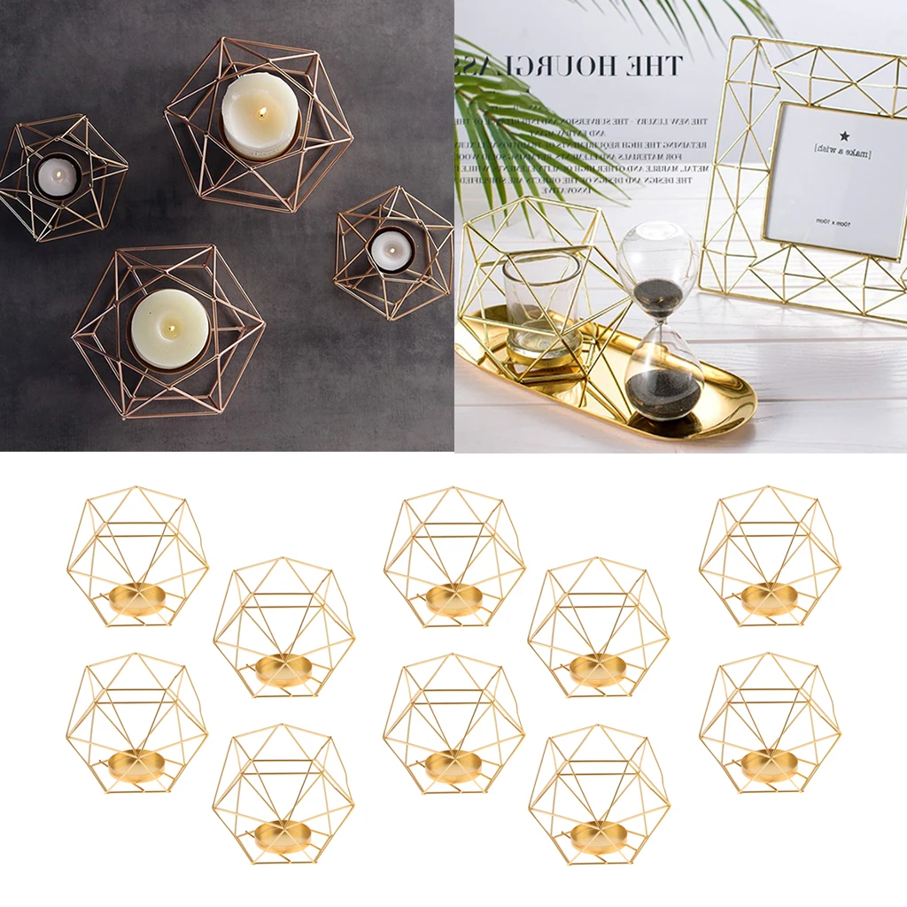 10pcs Gold Desk Stand Hexagon Geometric Candle Holder Lantern Case