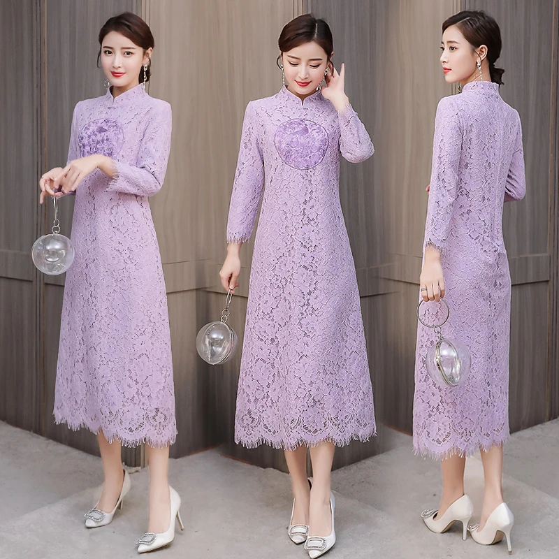 

CHUNLI Large size Autumn and winter new ladies elegant modified cheongsam dress long paragraph seven-point sleeves lace dress