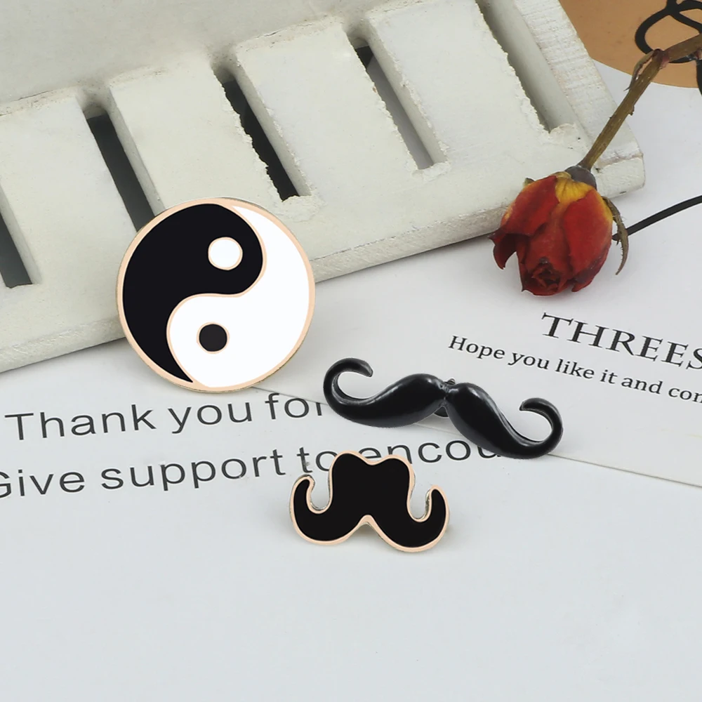 Funny Black White Enamel Pins Yin Yang Tai Chi Moustache Fun Beard