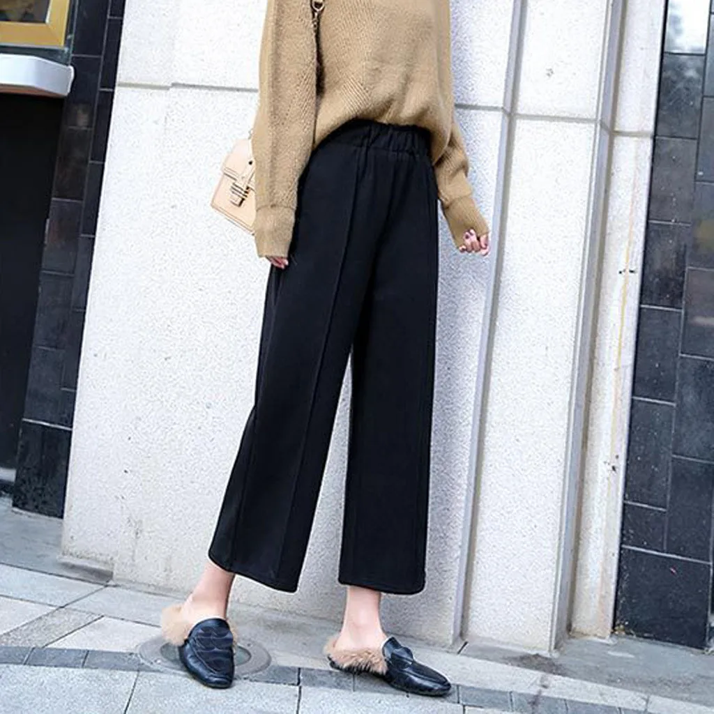 Осень зима новые женские эластичные шерстяные широкие брюки женские повседневные свободные брюки с карманами теплые шерстяные брюки Pantalones Mujer - Цвет: Черный