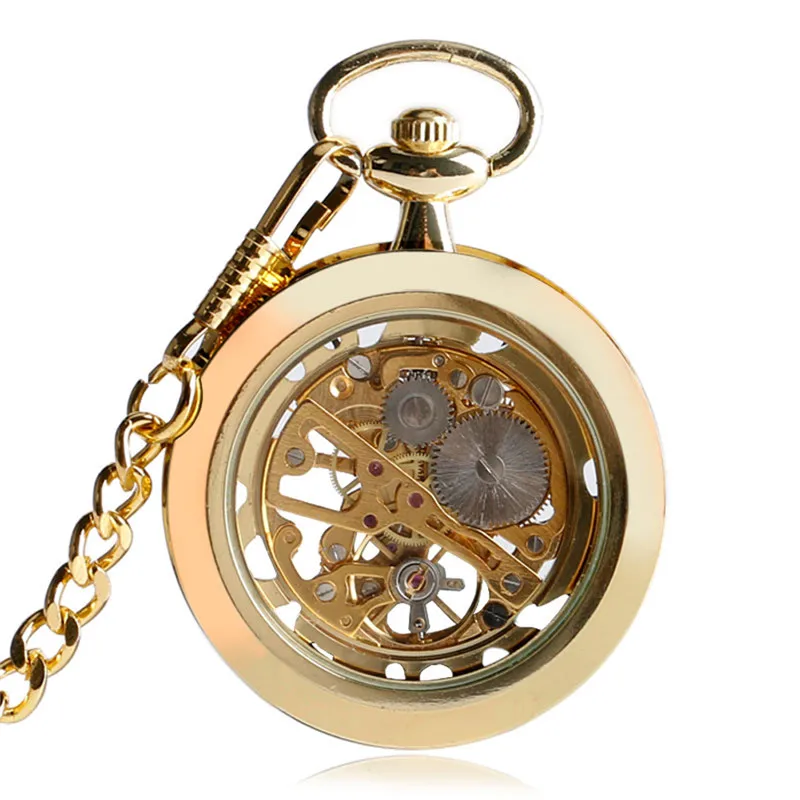 Bronze Hand Wind Mechanical Pocket Watch Gold Transparent Skeleton Fob Chain Antique Clock Luminous Hands Gift for Men Women