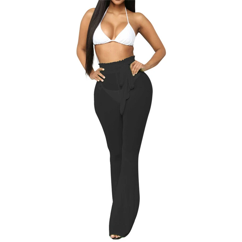 

Women Pants See Through Beach Mesh Sheer Wide Leg Pants High Waist Bikini Cover Up See Through Bandage Women Trousers