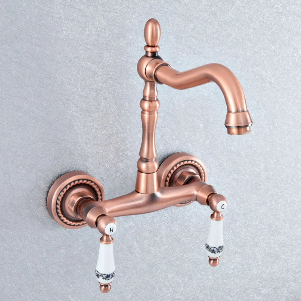 

Antique Red Copper Double Handle Kitchen Faucet Wall Mounted 360 Degree Rotate Bathroom Kitchen Mixers Hot and Cold Tap zsf889