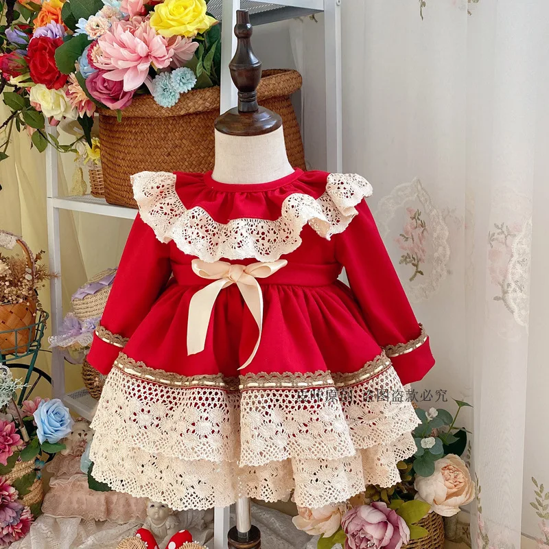 Winter Spanish Original Sweet Dress Thick Classic Red Christmas Girl Kids Dresses for Girls Flower |