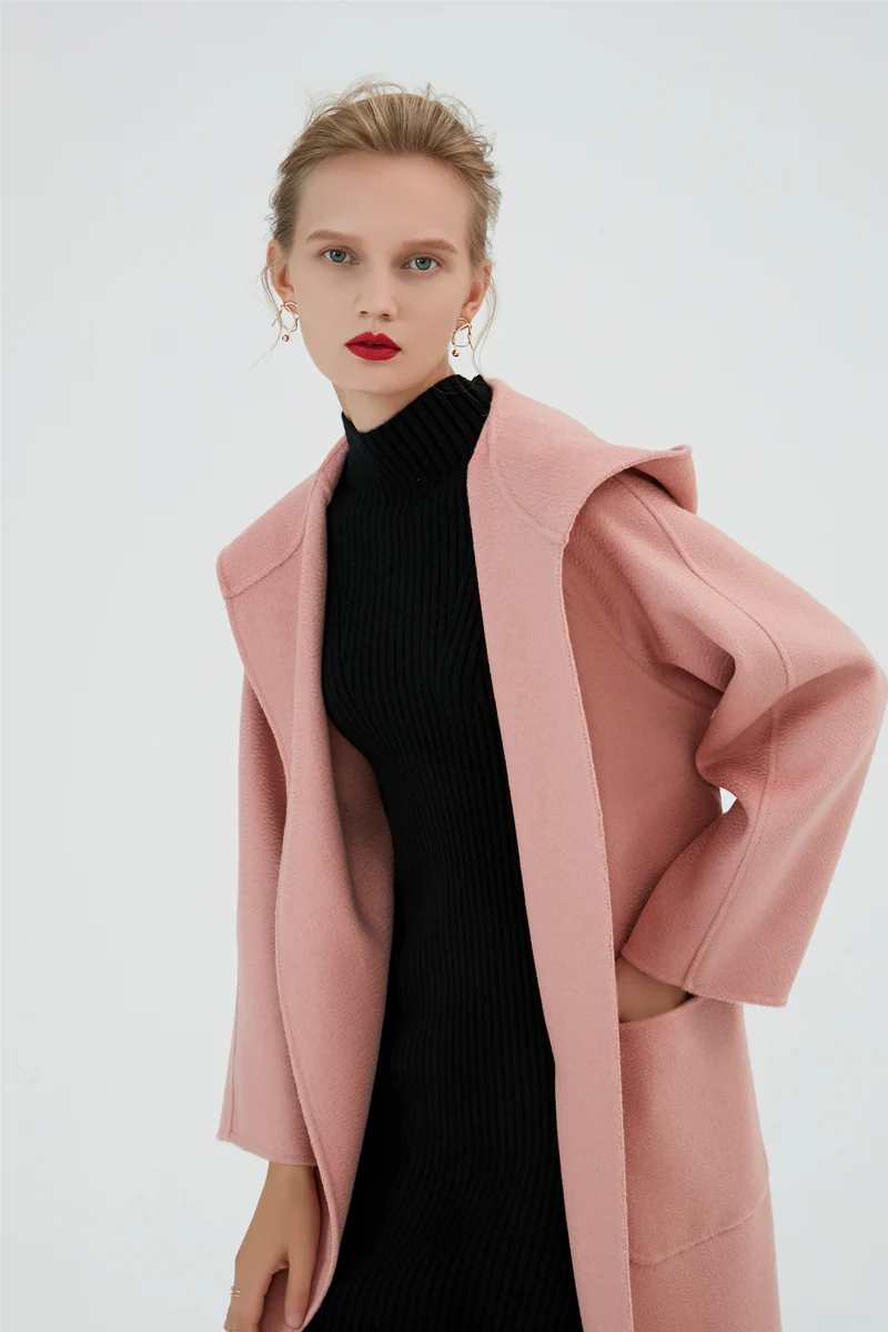 Top Quality Women's Runway Coats Hooded Collar Long Sleeves Sash Belt Front Pockets Fashion Winter Wool Overcoat Outerwear