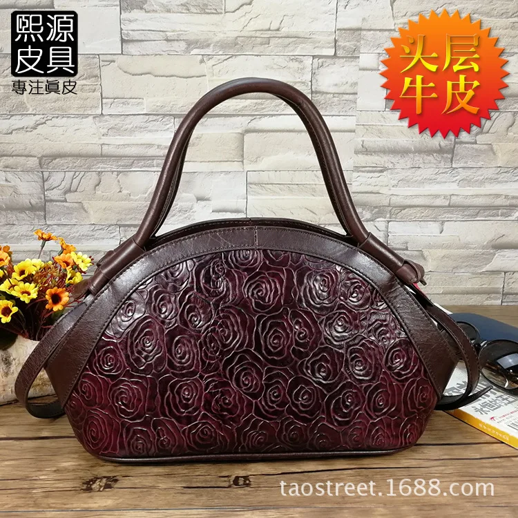 

2018 New Style WOMEN'S Leather Bags Bag Ethnic-Style Handbag Full-grain Leather Embossed Mom Evening Bag Dumpling Bag