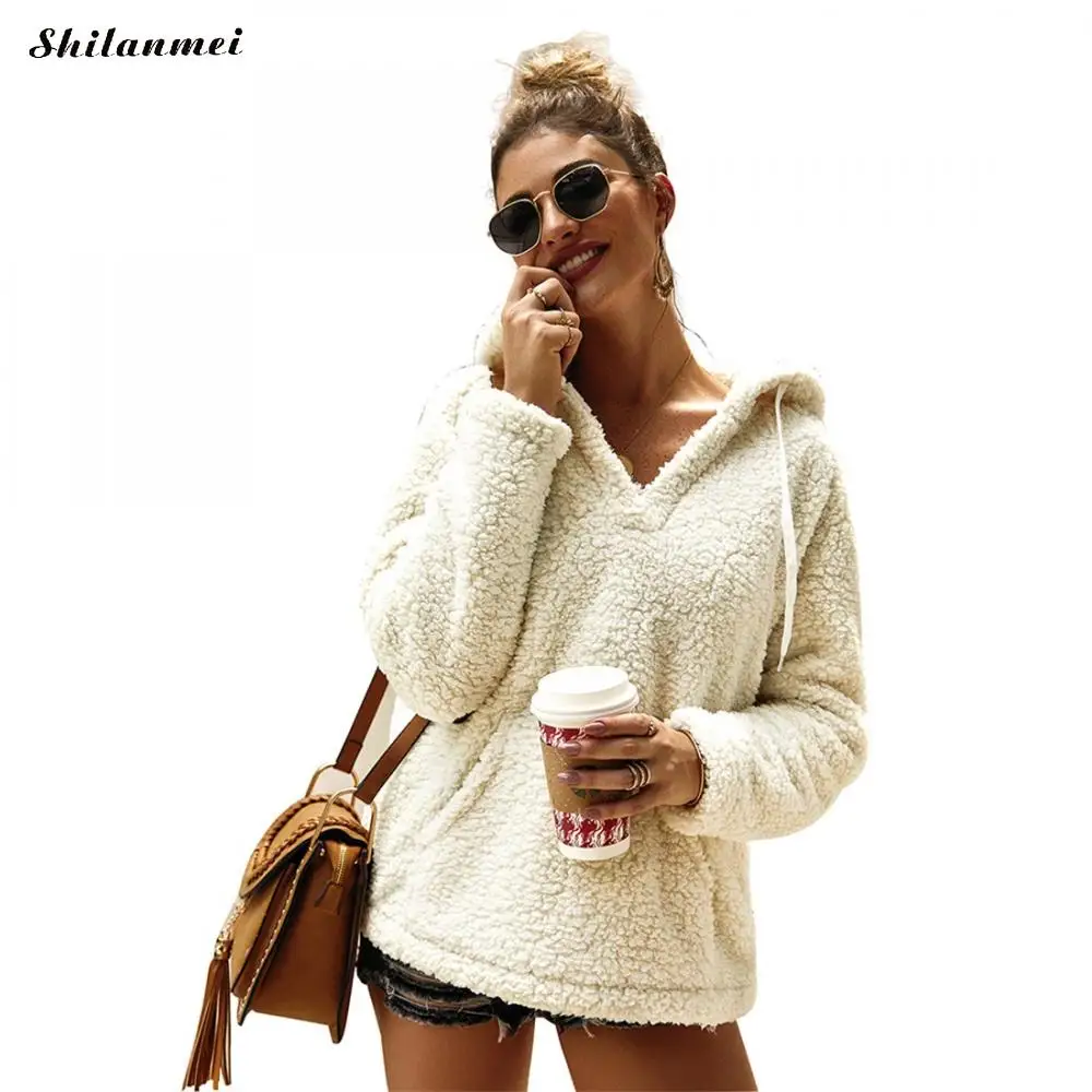 Women Fleece Hoodies Autumn Plush Casual Hooded Pullovers V Neck Female Sweatshirt Winter Warm Pocket Teddy Pullover Mujer