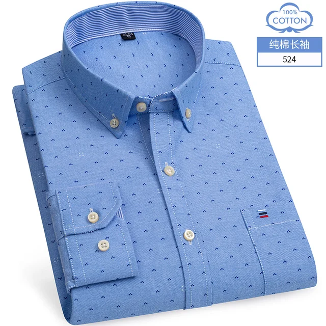 S- 6XL Oxford Shirts For Mens Long Sleeve Cotton Casual Dress Shirts Male Solid Plaid Chest Pocket Regular-Fit Man Social Shirt 524