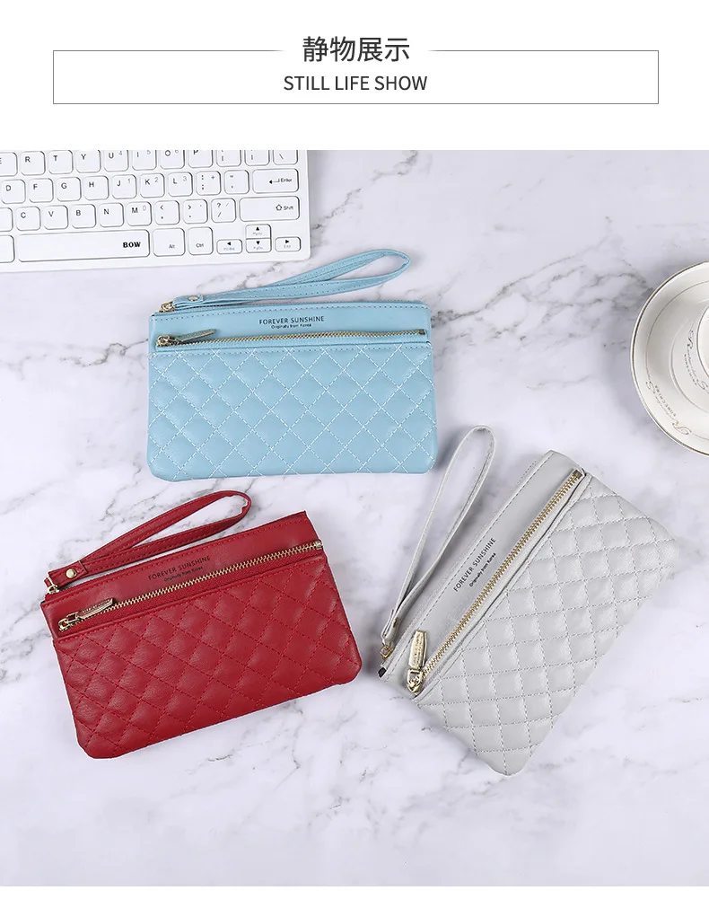 Western Style Wallet Ladies Long New Zipper Simple Solid Color Rhombus Thin Multi-function Large-capacity Clutch Women Purses