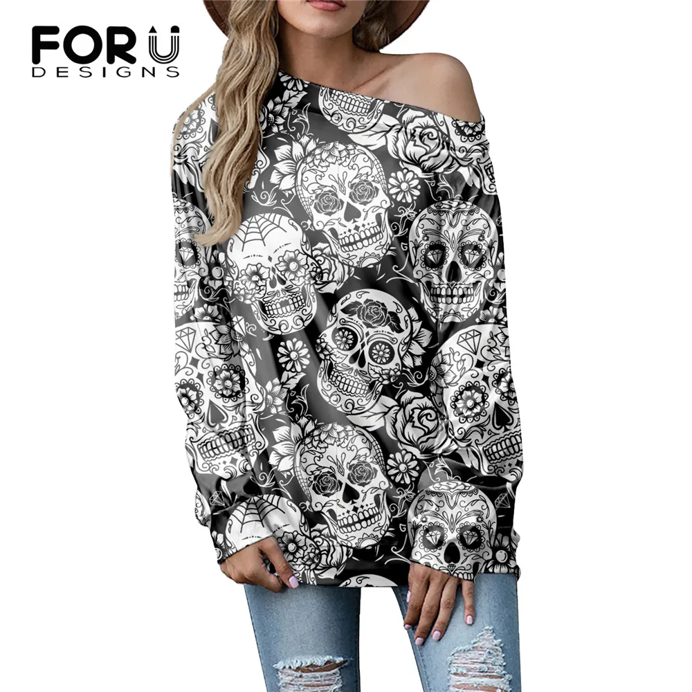 

FOURDEIGNS Black Cool Skull Style Women Loose Casual One Shoulder Tops Female Large Size Long Sleeved T-Shirts Female Clothing