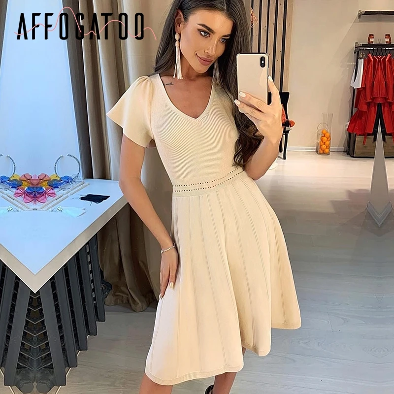 Affogatoo Sexy v-neck knitted dress women Elegant ruffle office ladies short dress Casual a-line autumn short party dress female