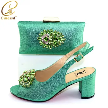 

New Green Color Italian Ladies Shoes and Bags To Match Set Sales In Women Matching Shoes and Bag Set Decorated with Rhinestone
